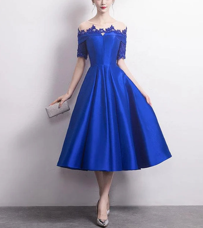 Luolandi Charming Lace and Satin Prom Dress New Tea Length Bridesmaid Dress Short Sleeves Elegant Cocktail Dress Evening Dress